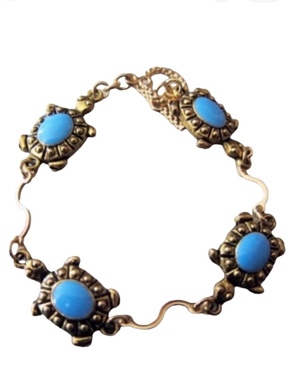 Hand Crafted Turtle Bracelet Linked Gold & Turquoise New Charm Tortoise